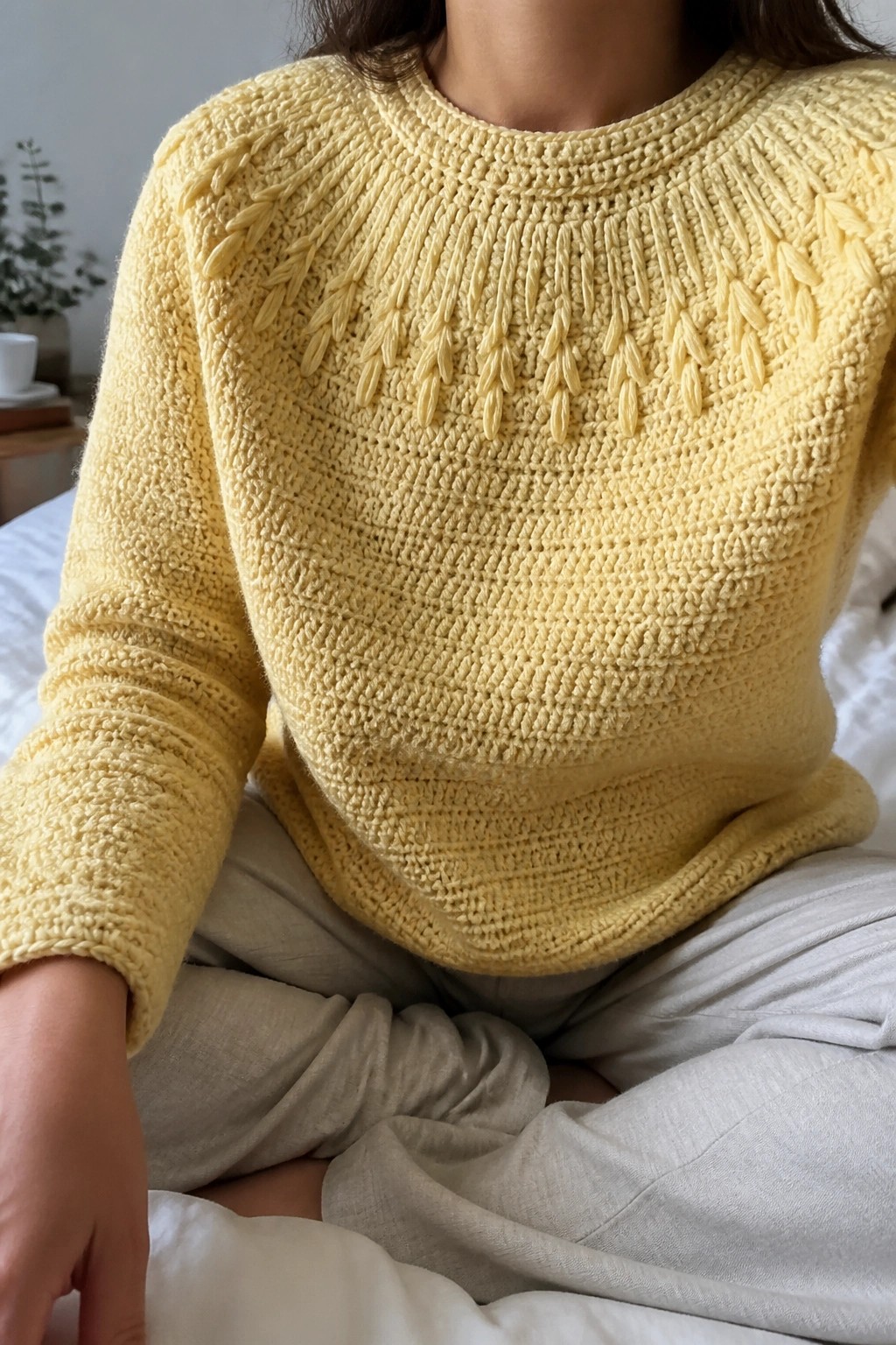 Yellow textured knit sweater with patterned yoke on seated person in beige pants