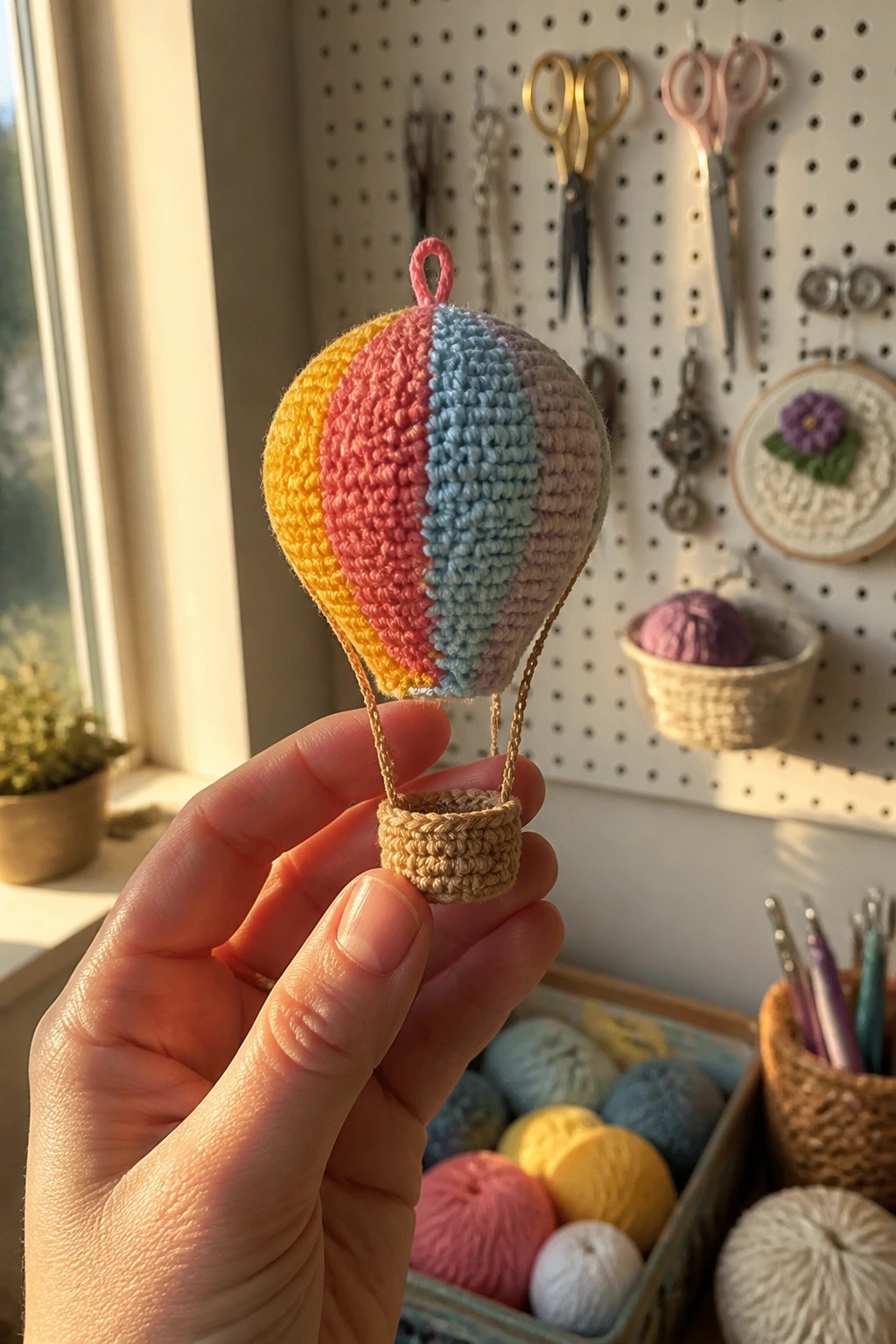 Hand holds miniature pastel-striped crocheted hot air balloon with tiny basket
