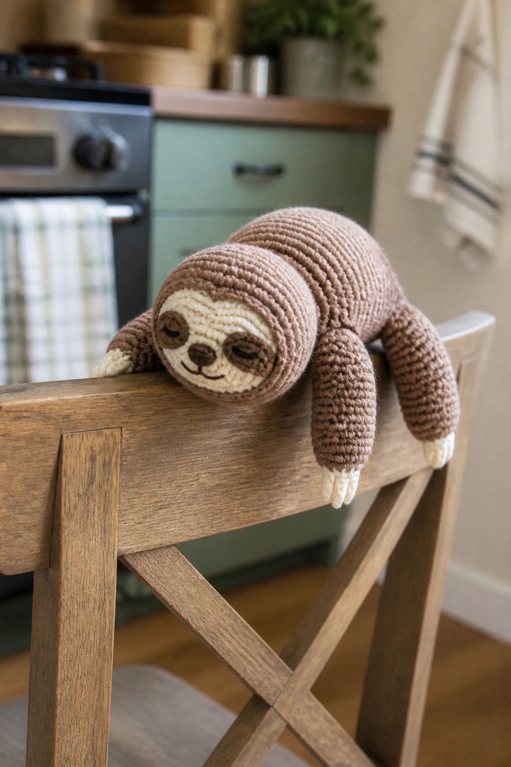 Crocheted brown sloth toy draped over wooden kitchen chair back