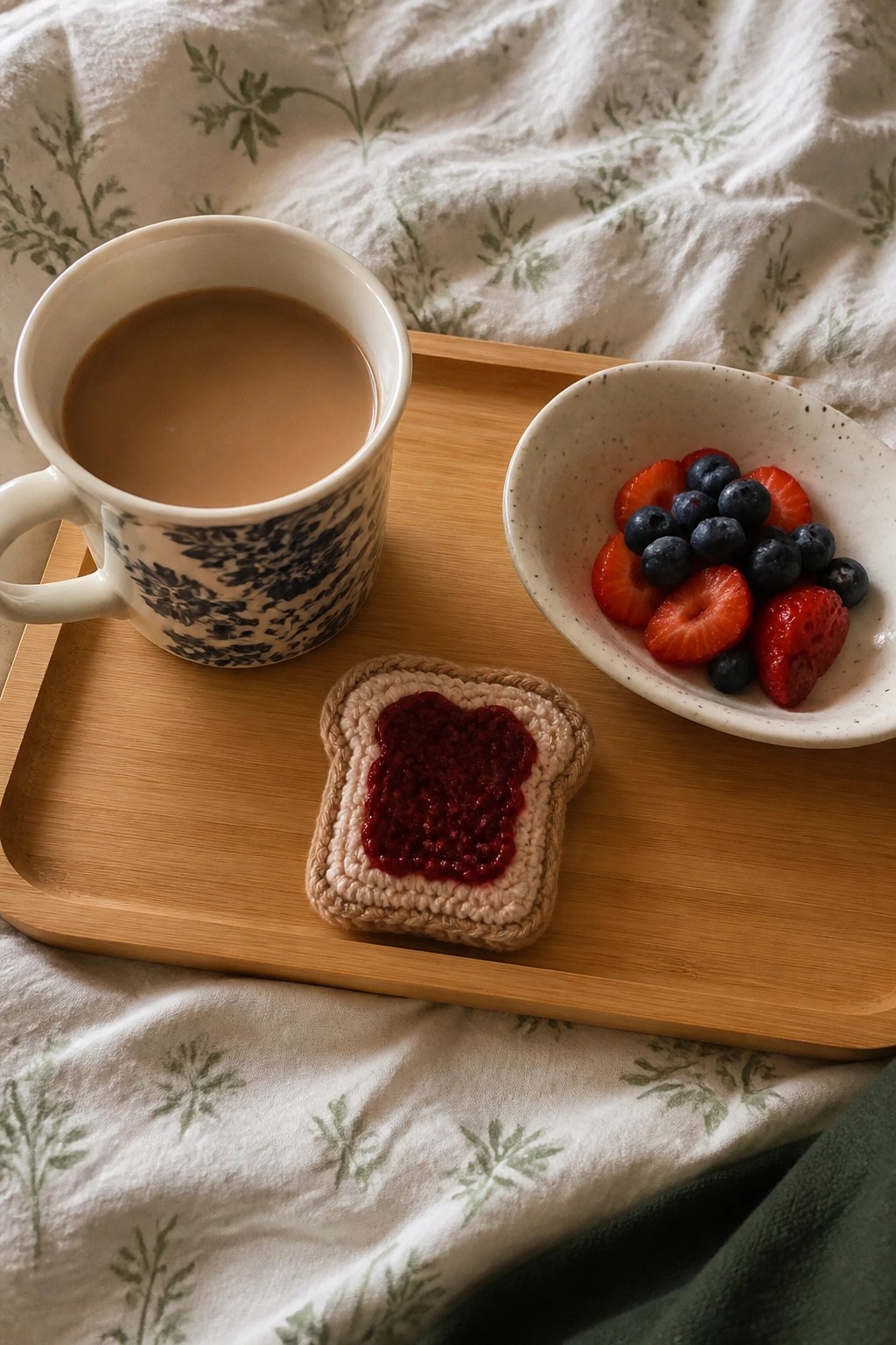 Wooden tray with coffee mug, berry bowl, and crocheted jam toast on floral fabric.