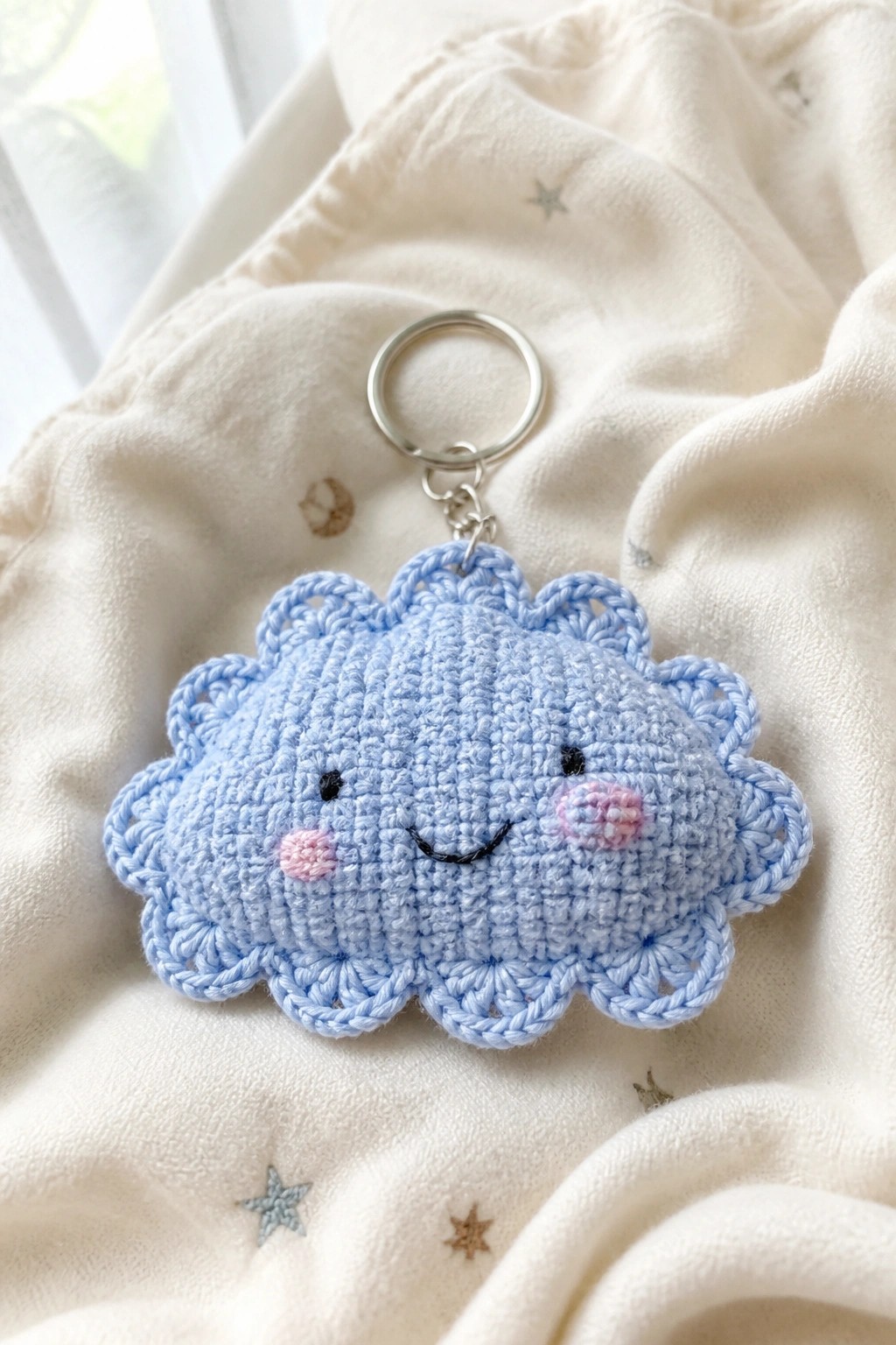 Light blue crocheted cloud keychain with smiling face on white star-patterned fabric.