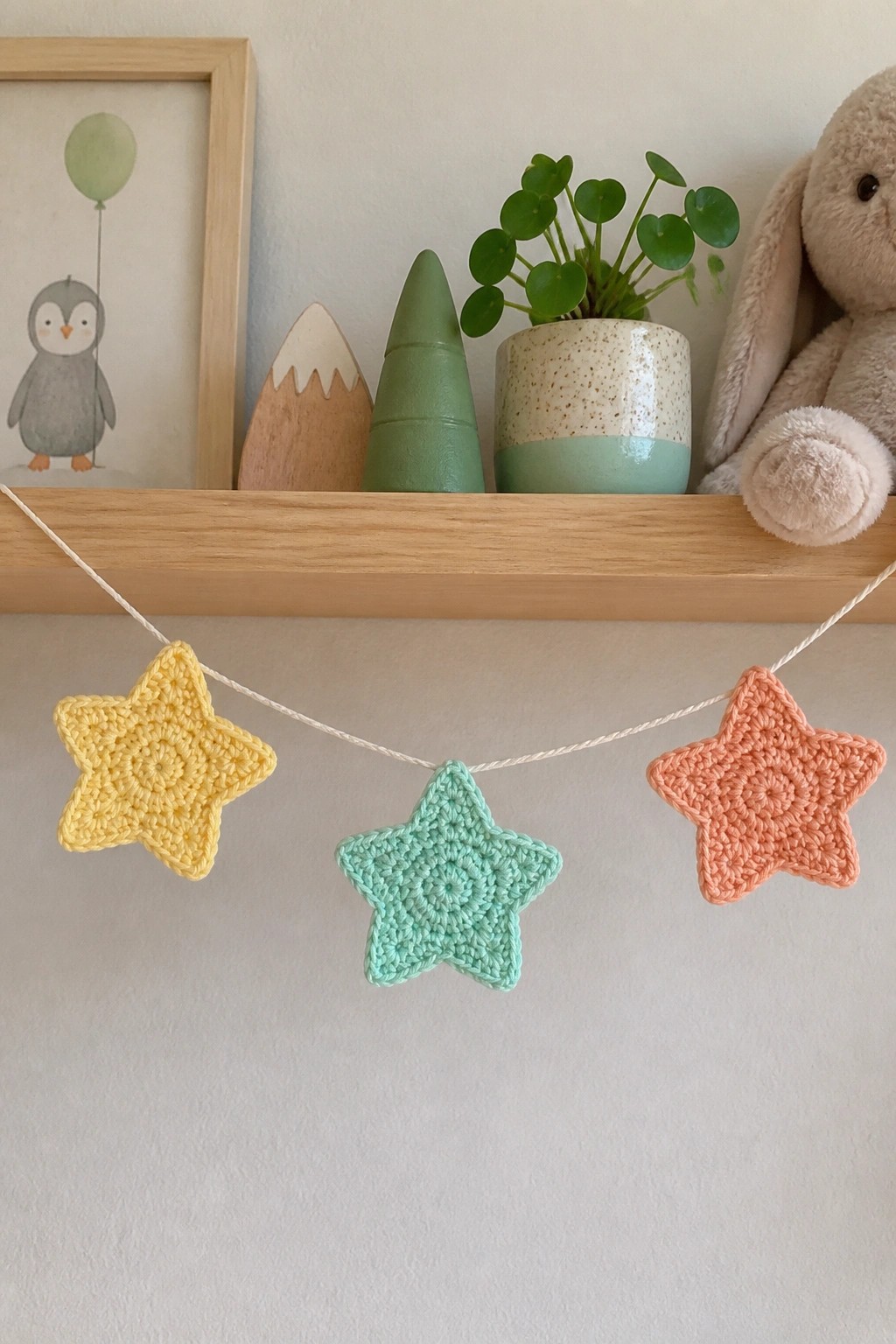 Pastel crocheted star garland in yellow, mint, and peach hanging below wooden shelf.