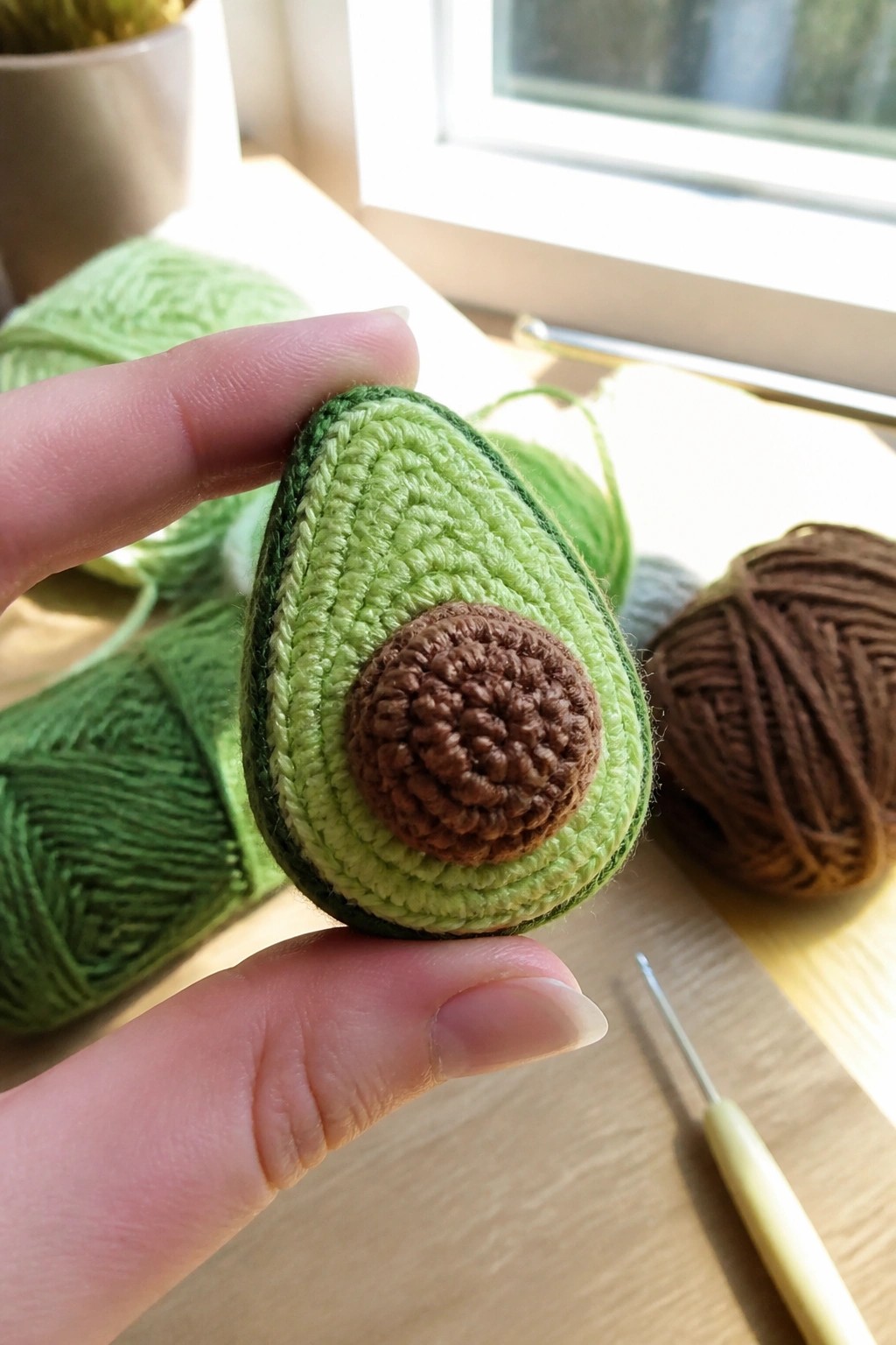 Hand holding crocheted avocado half with brown pit, yarn balls and hook nearby