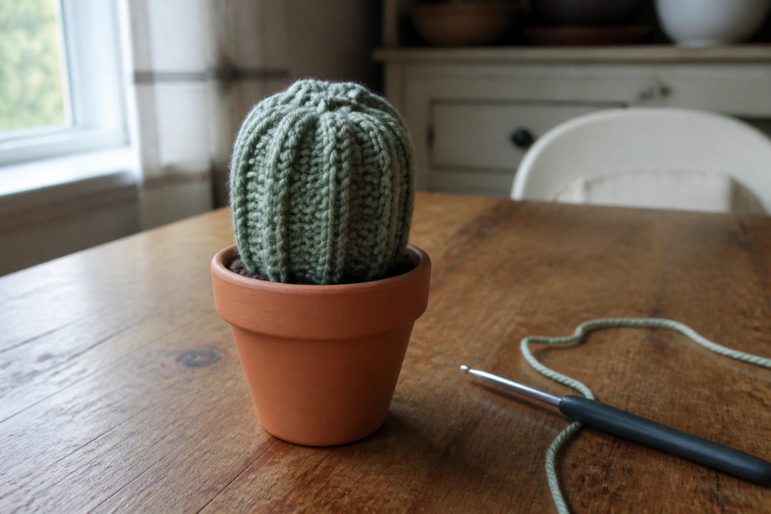 Crocheted green cactus in terracotta pot beside gold hook on wooden table