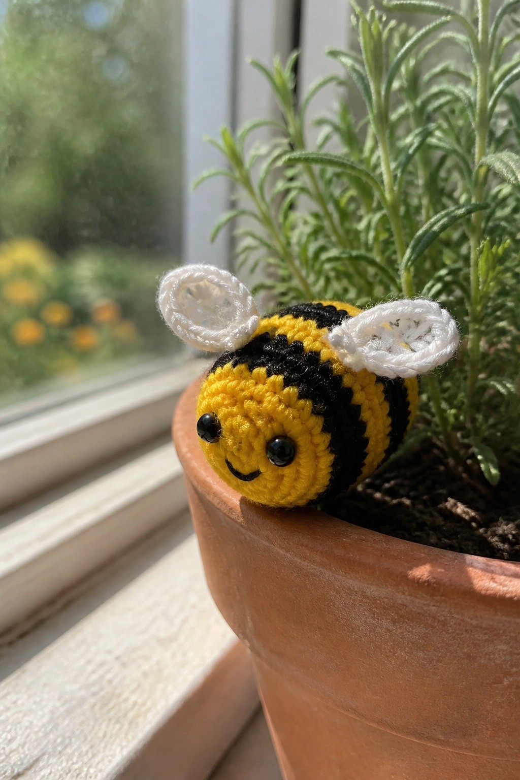 Crocheted yellow and black bee with white wings on a terracotta plant pot.