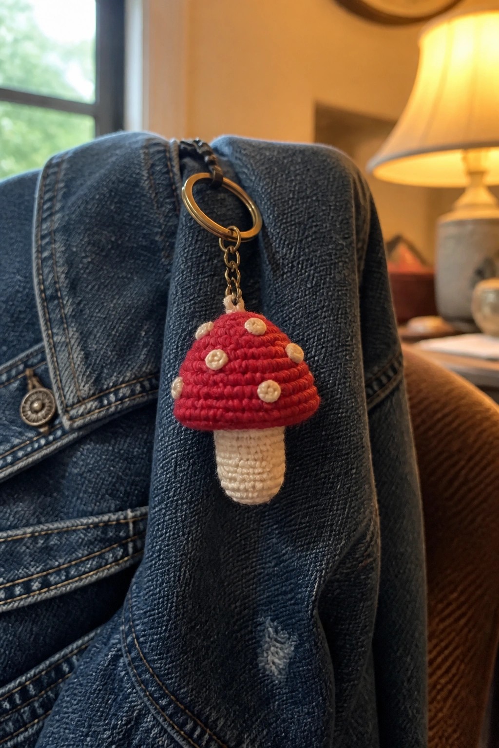 Red crocheted mushroom keychain with white spots on blue denim jacket