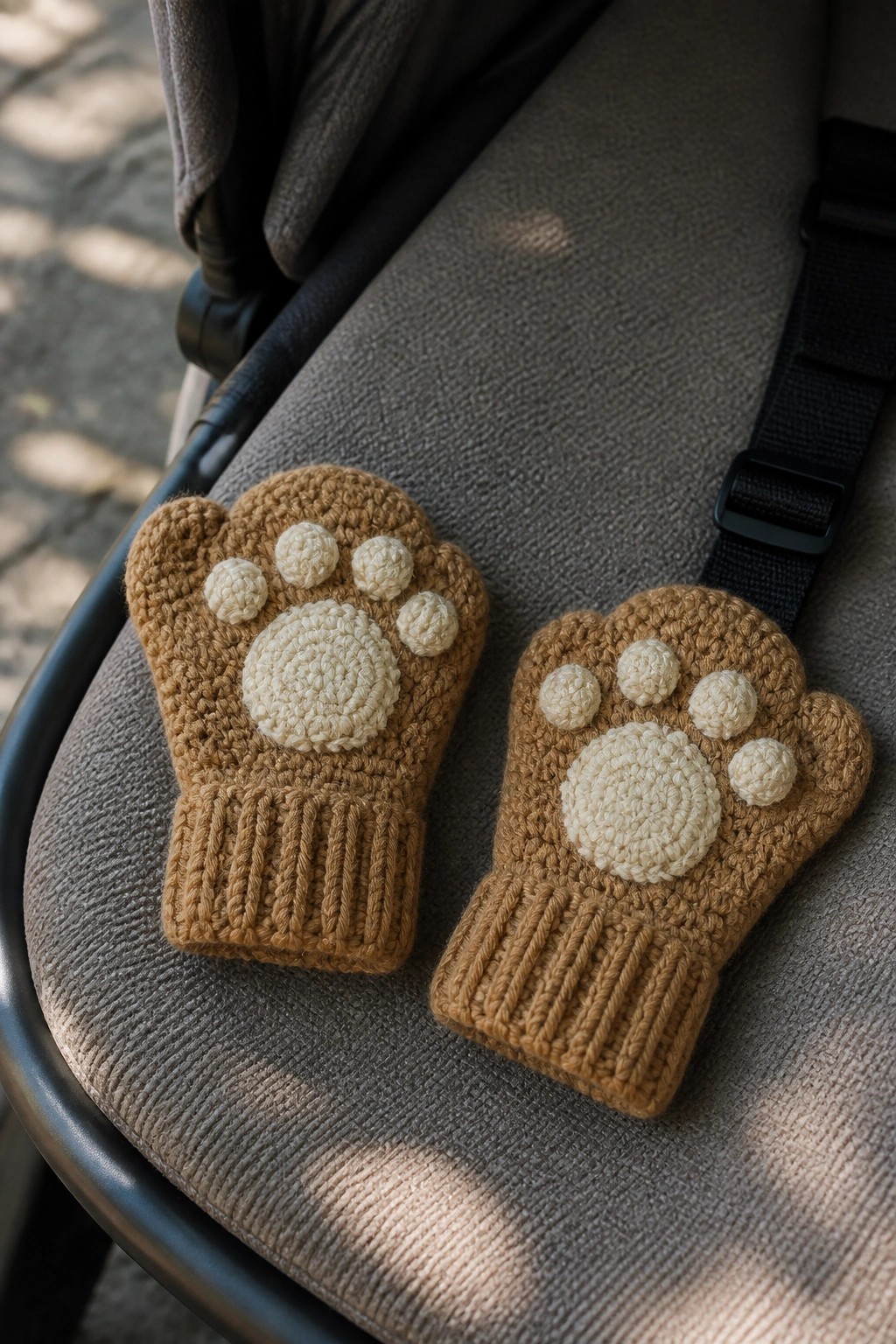 Two small brown crocheted mittens with cream paw pads and ribbed cuffs on a gray stroller seat.