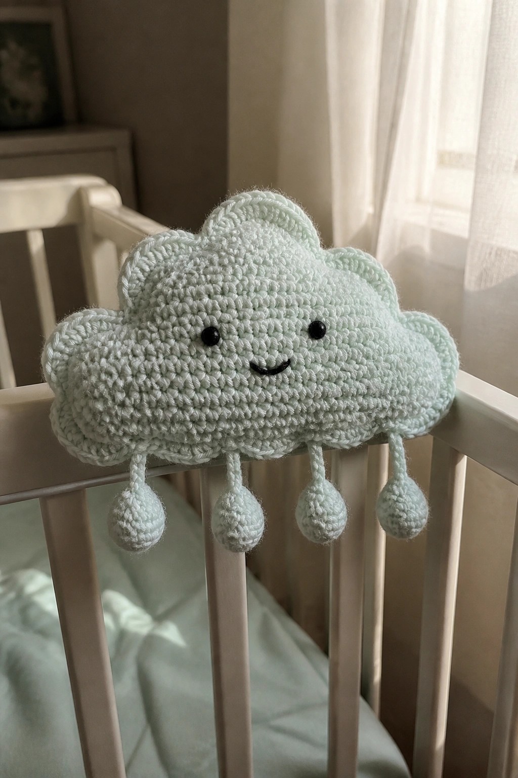 Crocheted mint-green cloud with smiling face and dangling drops on white crib rail