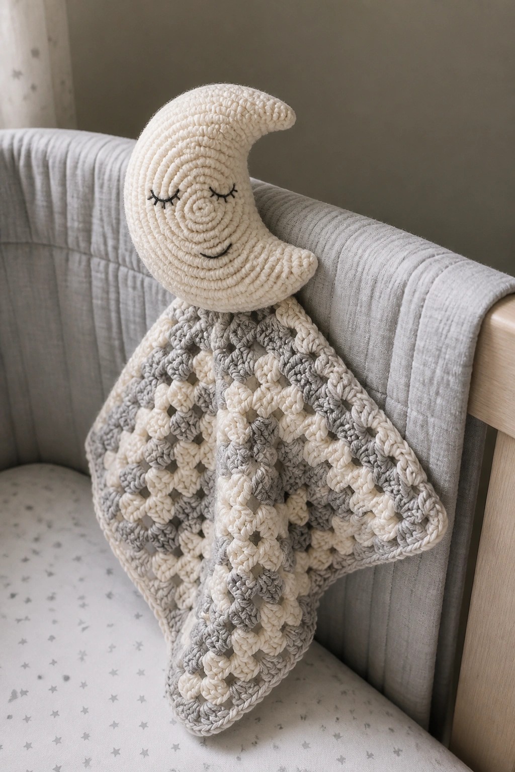 Crocheted crescent moon with sleepy face on gray and white checkered blanket over crib.