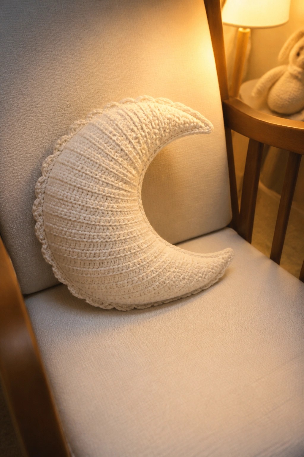 White crocheted crescent moon pillow on beige upholstered wooden chair in warm light.