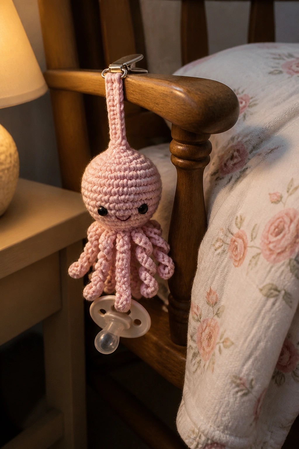 Pink crocheted octopus with pacifier clipped to wooden bed rail