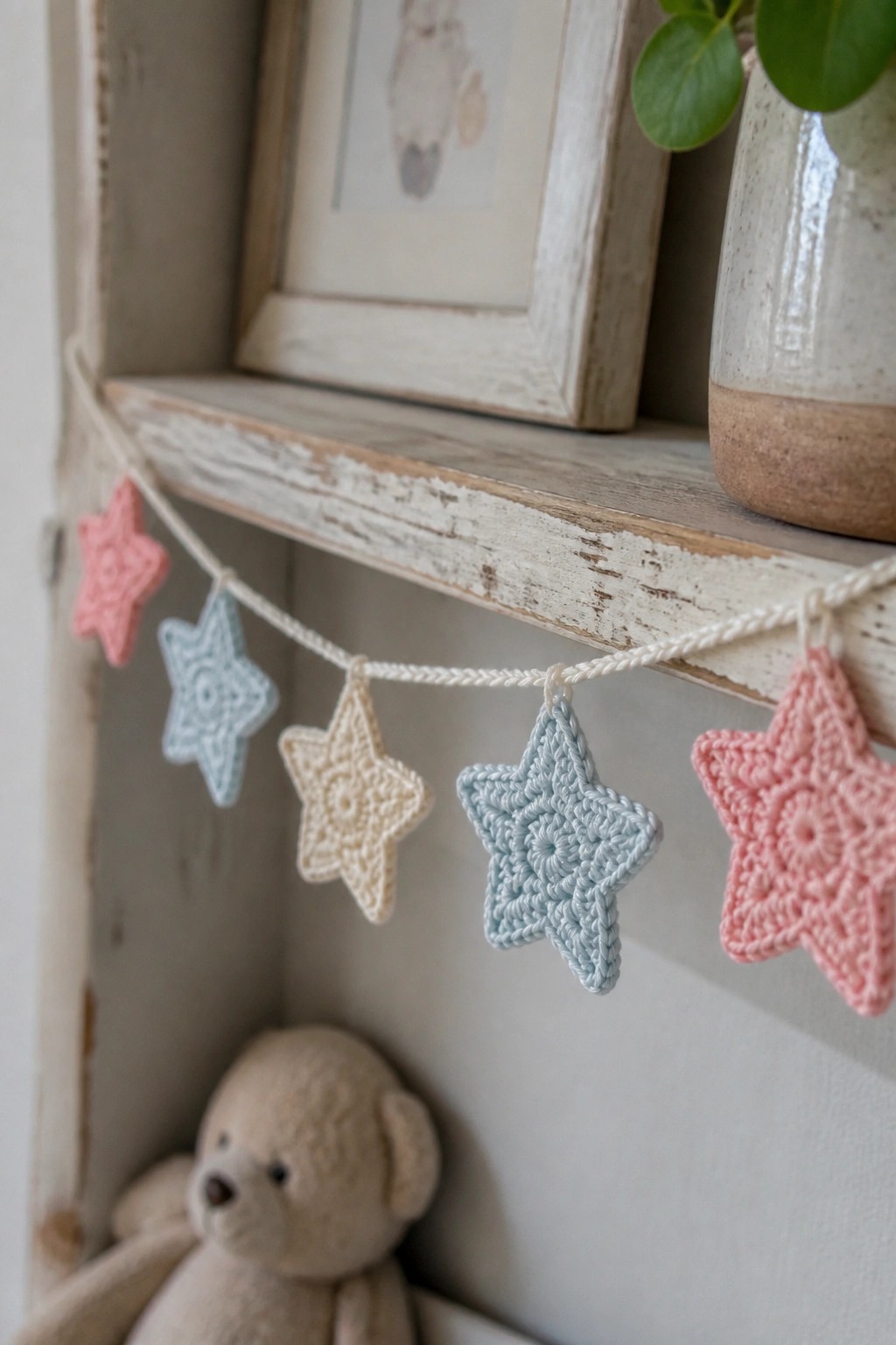 Pastel crocheted star garland draped on distressed white shelf above teddy bear.