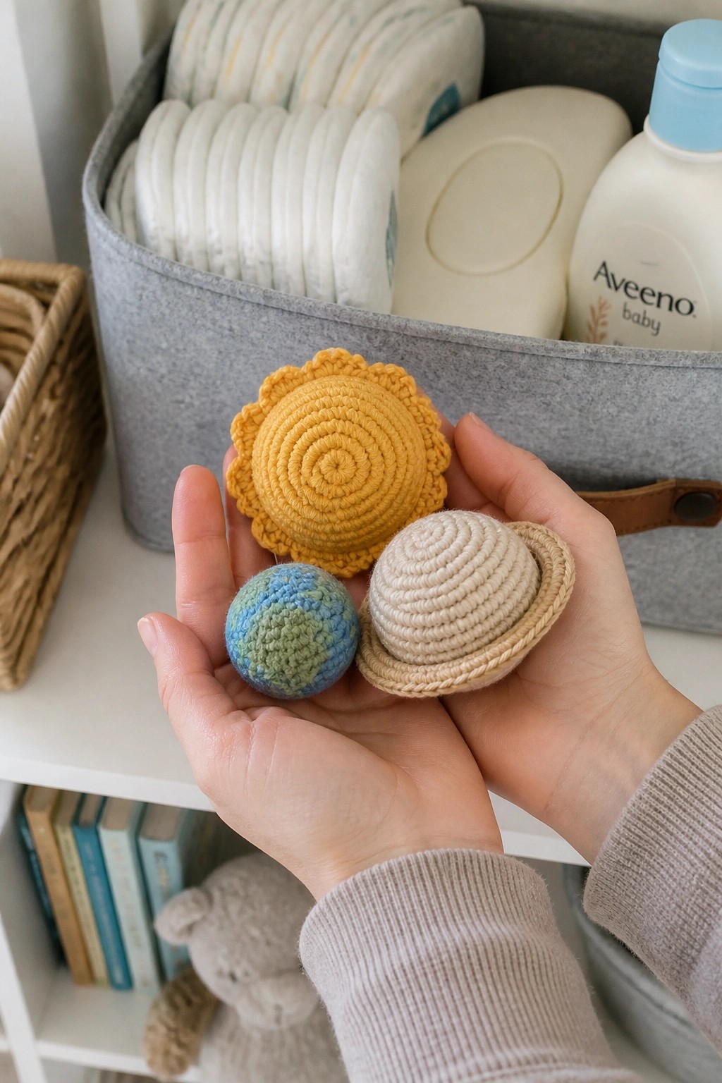 A hand holding three small crocheted items shaped like a sun, Earth, and Saturn.