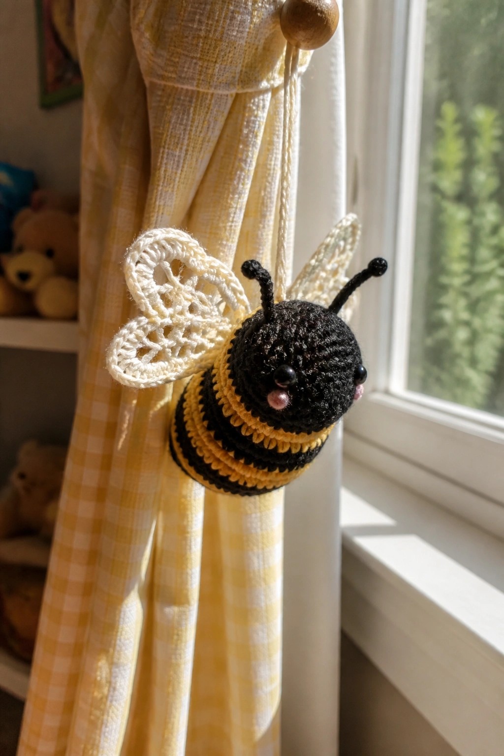 Crocheted black-and-yellow bee with white wings on yellow gingham curtain by window