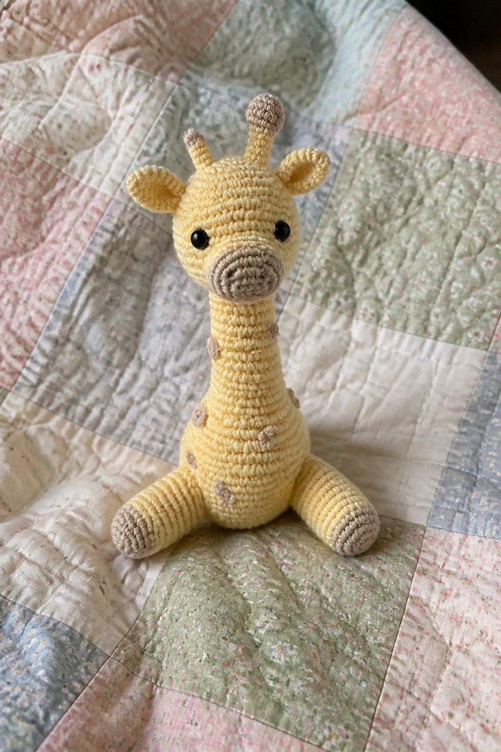 Crocheted yellow giraffe toy with brown spots on pastel patchwork quilt.