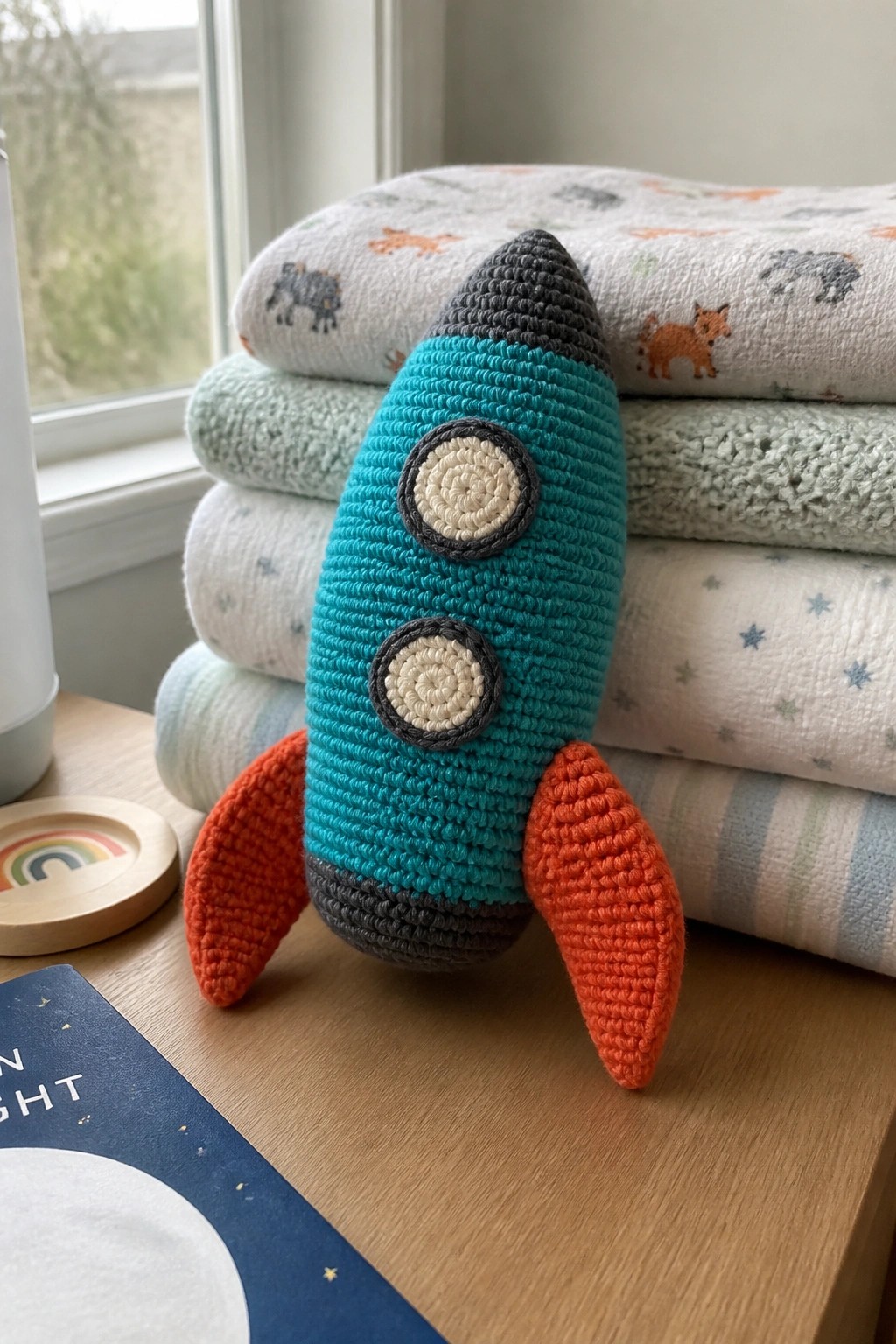 Crocheted teal rocket toy with orange fins on wooden table near stacked blankets