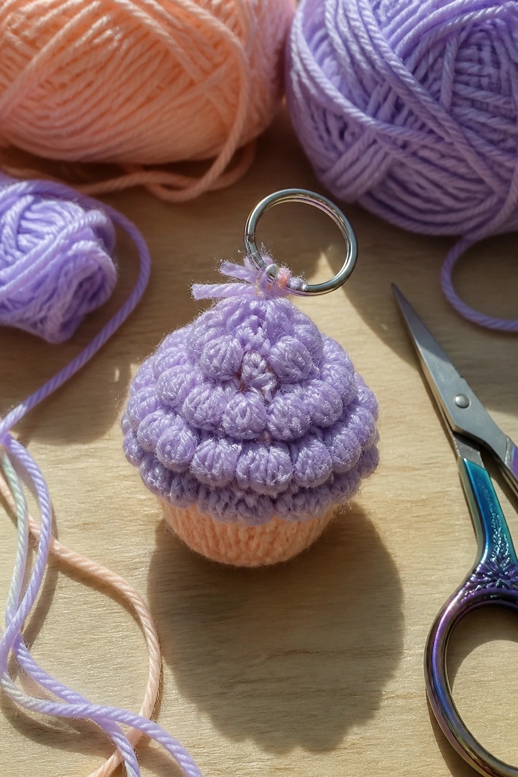 Crocheted lavender cupcake keychain with metal ring amid yarn balls and scissors on wood