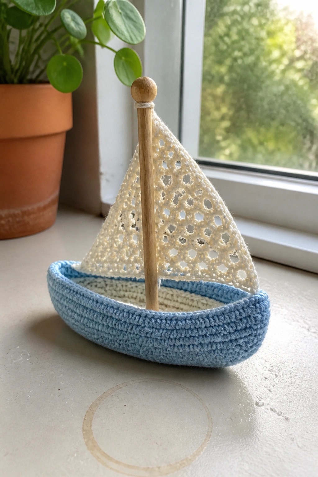 A small crocheted sailboat with a blue hull and cream lace sail on a wooden mast sits on a windowsill.