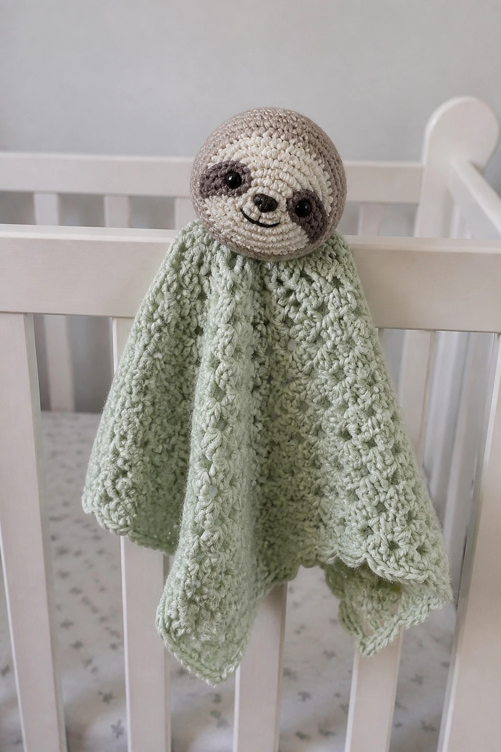 A crocheted sloth head with a light green blanket hangs over the rail of a white crib.