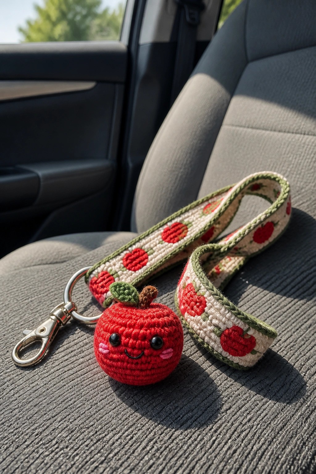 Crocheted red apple keychain with face on apple-patterned strap atop gray car seat.