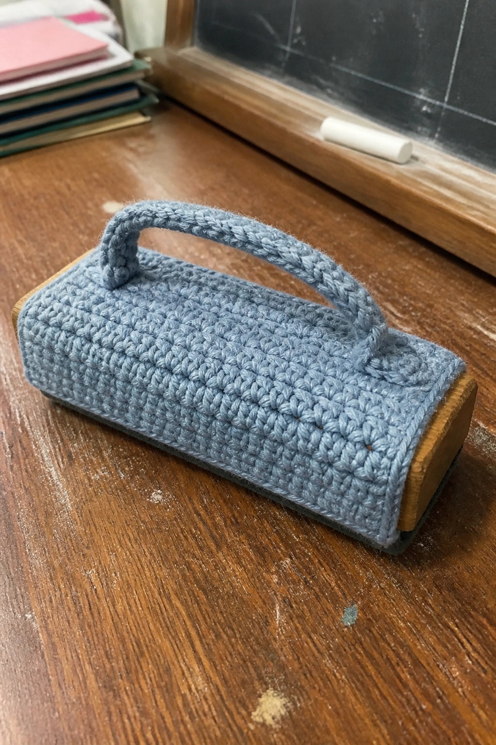 Blue crocheted chalk eraser with handle on wooden desk near chalkboard