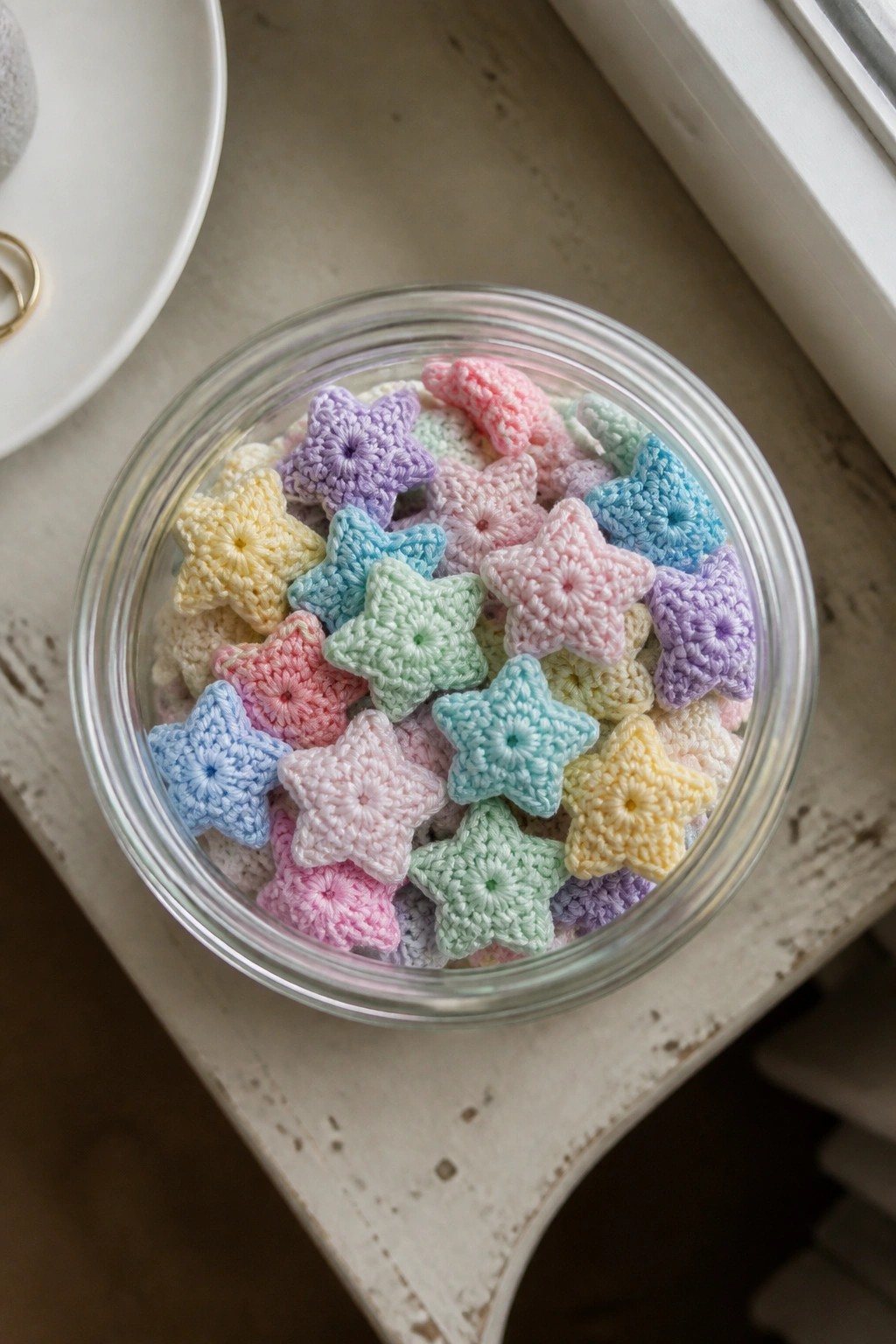 Glass jar filled with pastel crocheted stars on white wooden surface