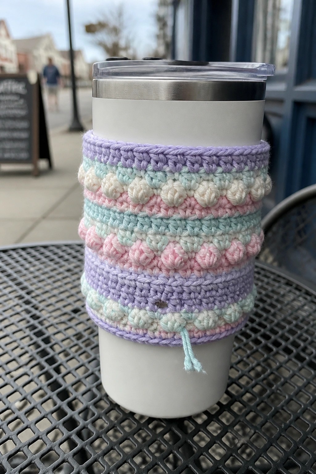 Pastel crocheted cozy with bobbles on white tumbler atop metal table
