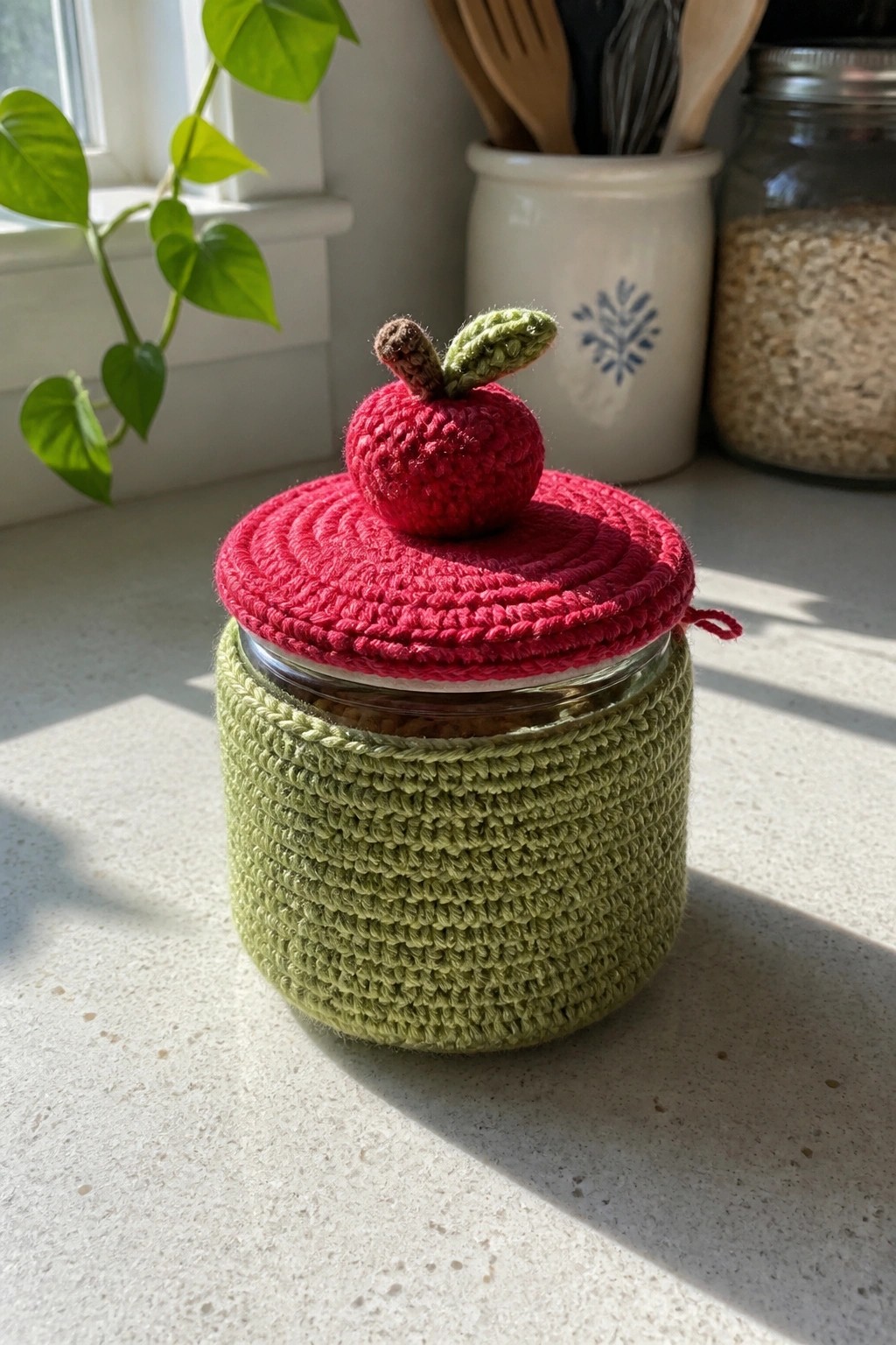 Green crocheted jar cozy with red lid and apple topper on counter.