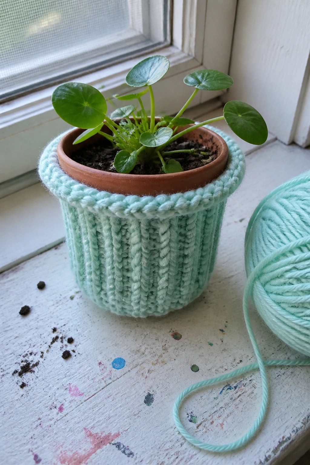 Mint green knitted cozy on plant pot beside yarn ball on white windowsill