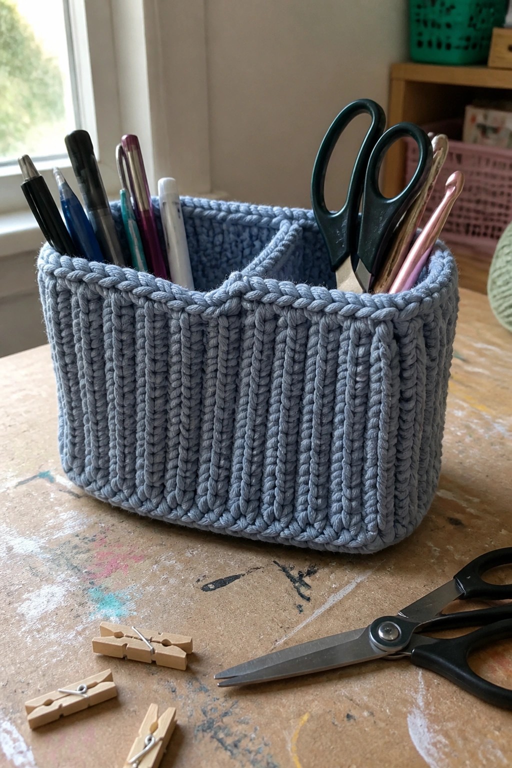 Light blue crocheted basket holding pens, scissors, and hooks on wooden table with clothespins.
