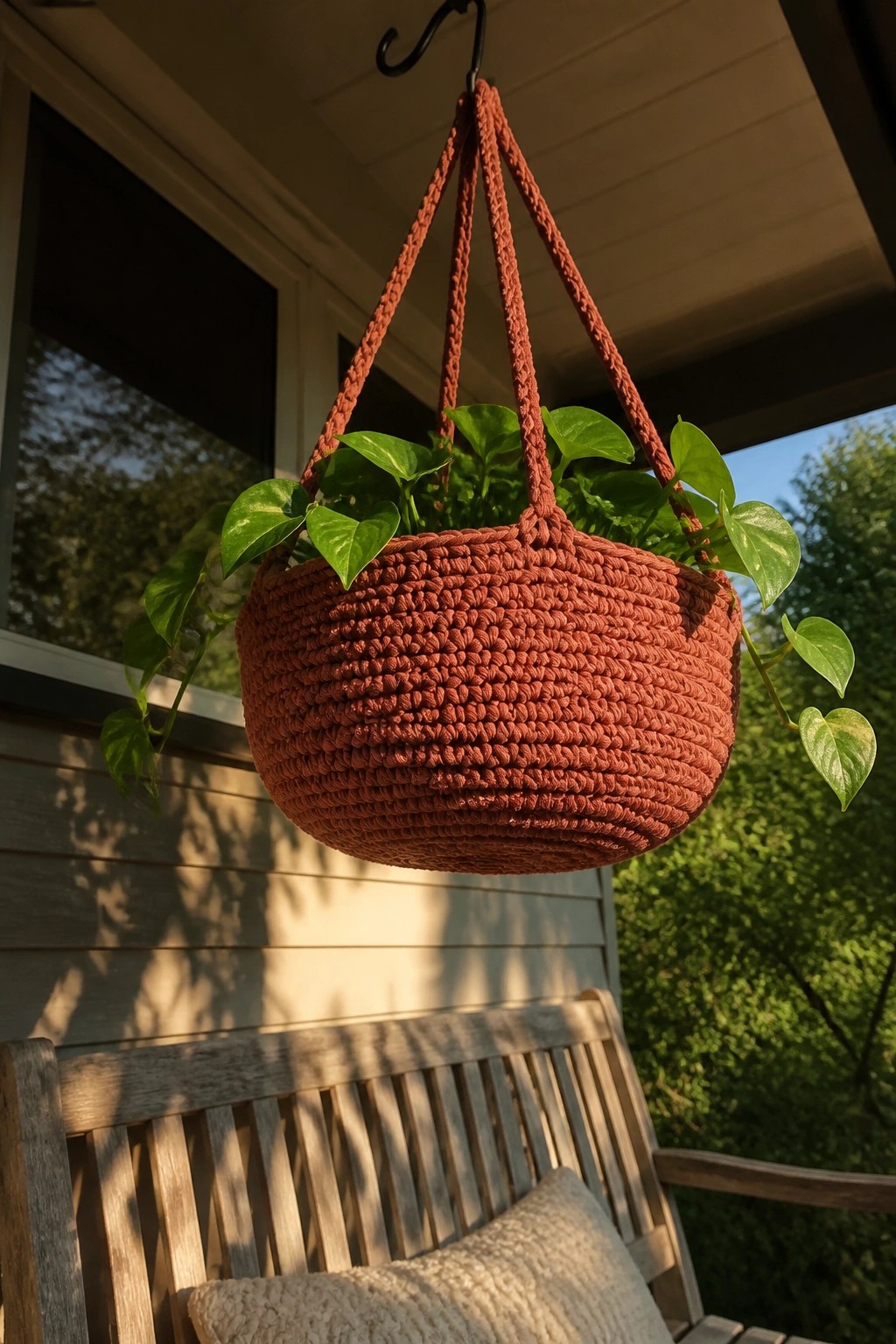Rust crocheted hanging basket with trailing green pothos above wooden bench