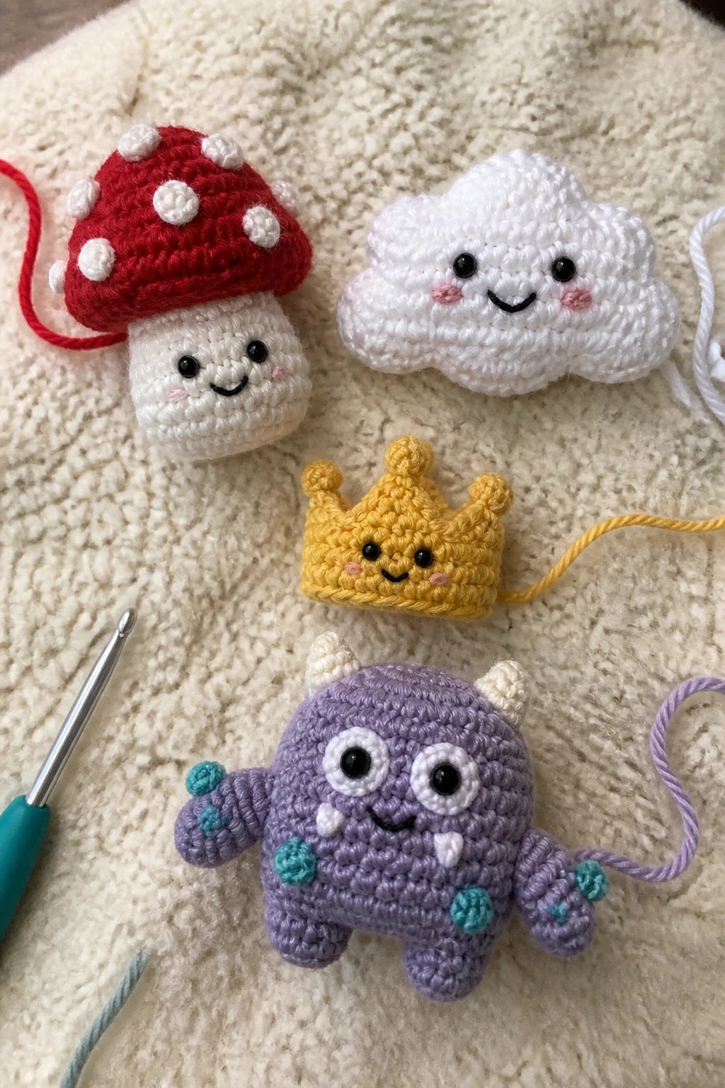 Crocheted red mushroom, white cloud, yellow crown, purple monster with hook on fabric