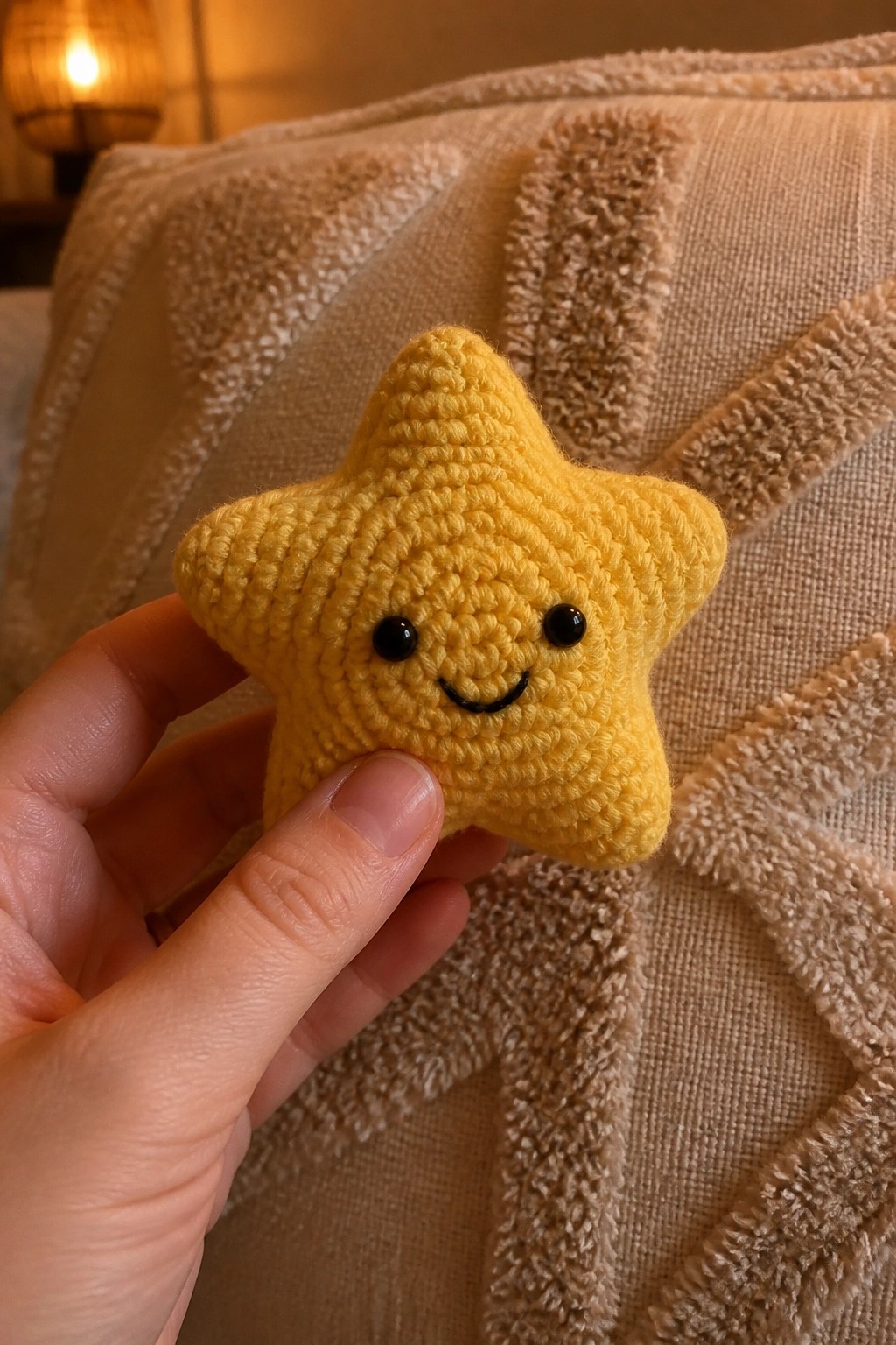 Hand holding smiling yellow crocheted star toy on textured beige blanket.