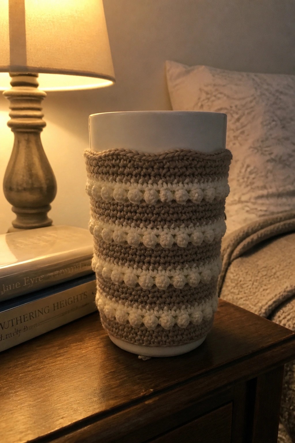 White mug with beige-and-white crocheted cozy and pom-poms on wooden nightstand