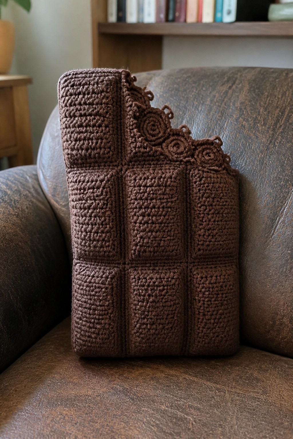 Brown crocheted book cover with grid texture and lace top on leather couch