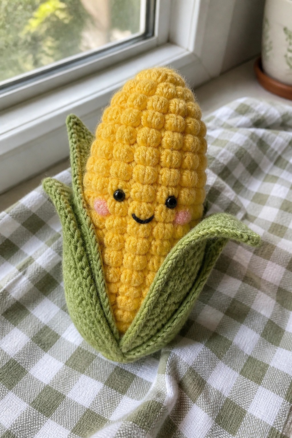 Crocheted yellow corn cob with smiling face and pink cheeks in green husks on checkered cloth