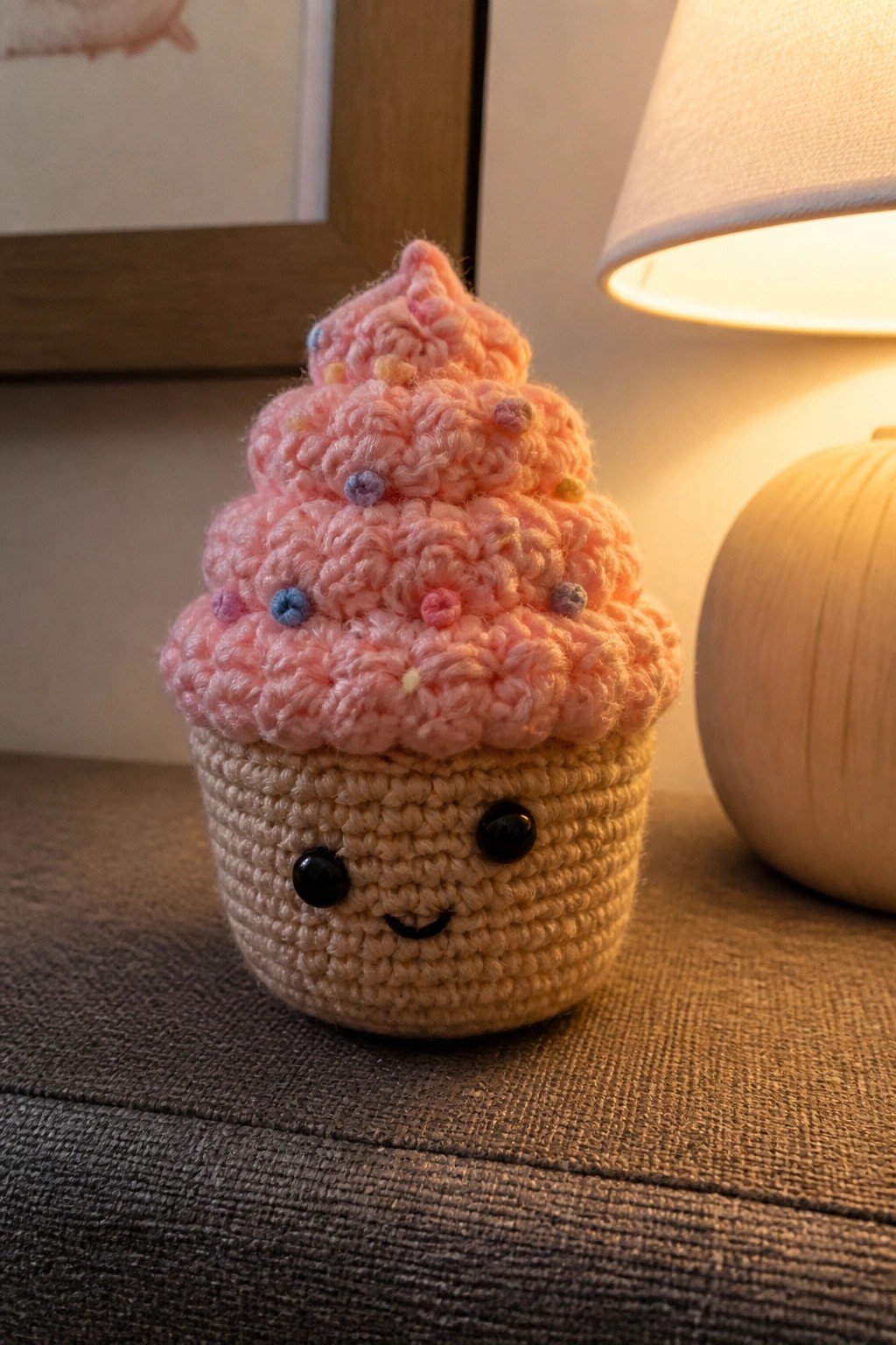 Crocheted pink cupcake toy with sprinkles, black eyes, and smile on fabric surface