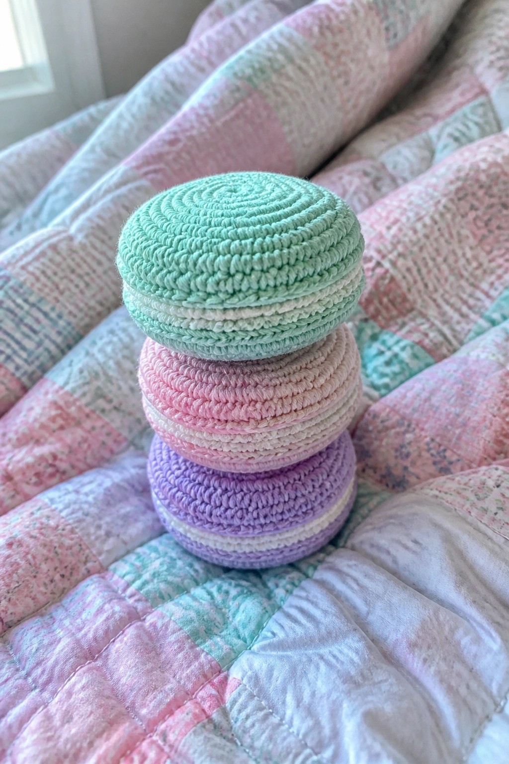 Stacked pastel crocheted discs in mint, pink, and purple on quilt