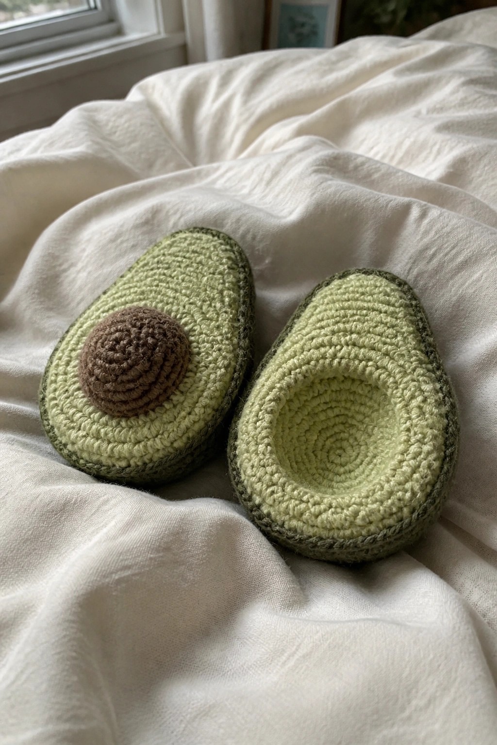 Two crocheted avocado halves, one with pit, on rumpled white fabric.