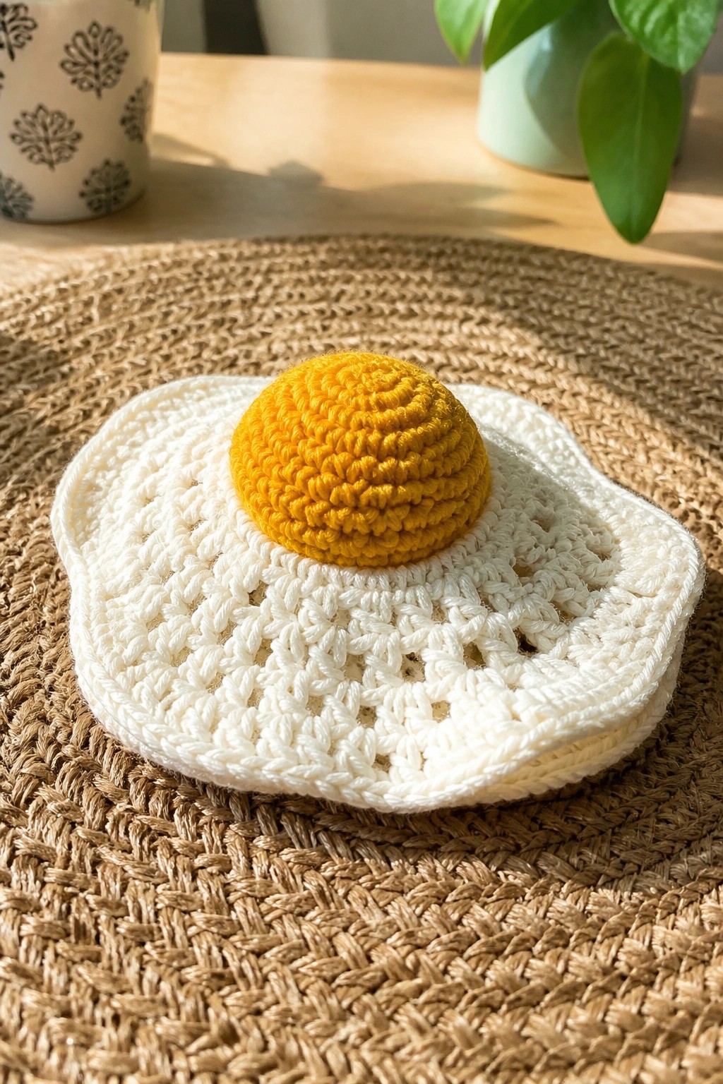 A crocheted fried egg with a yellow center and white base rests on a woven mat.