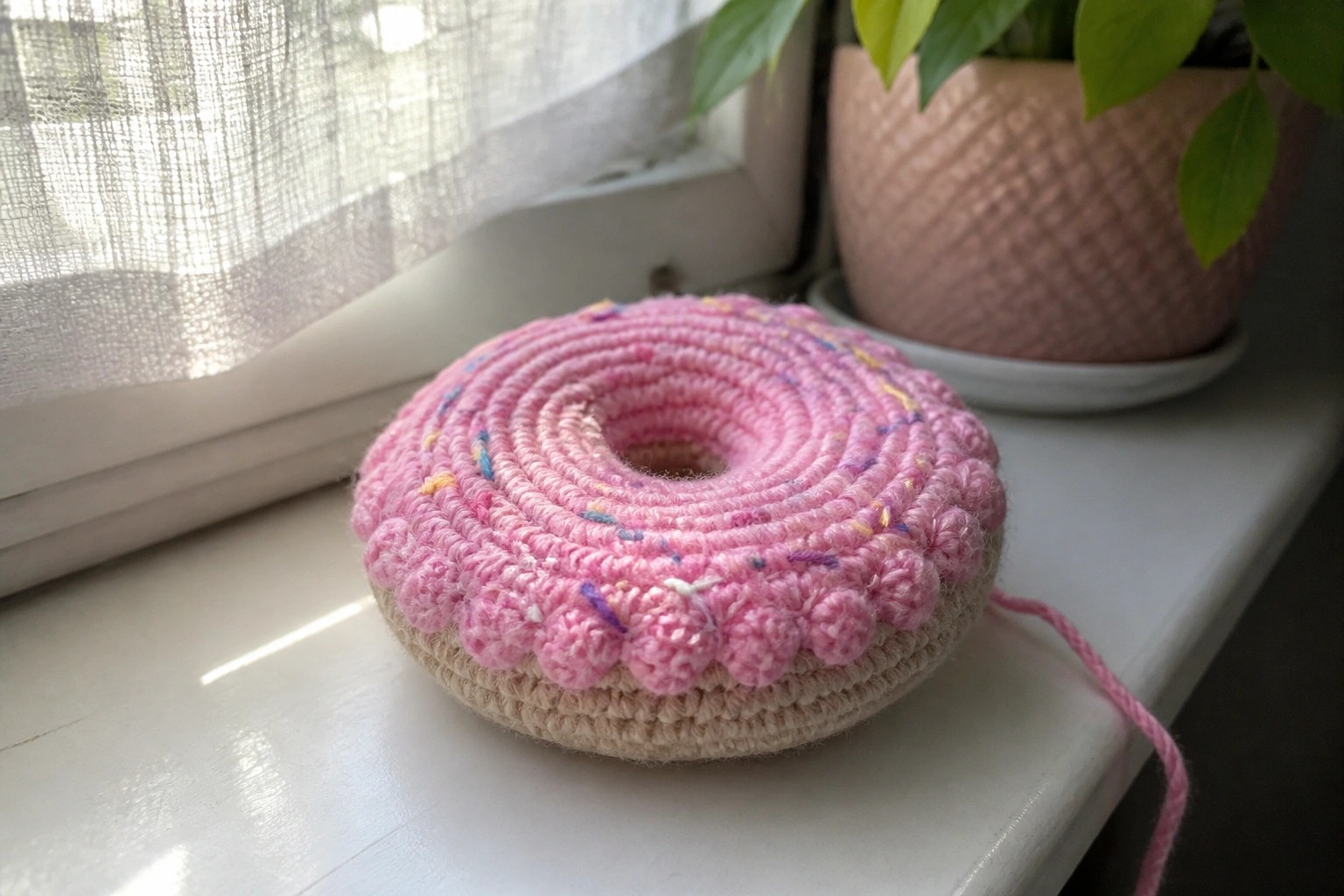Pink crocheted donut with sprinkles on beige base atop white windowsill near plant.
