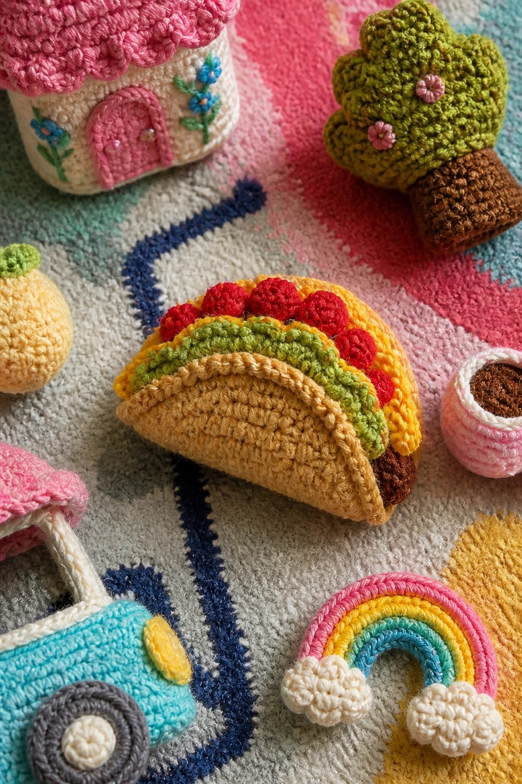 Colorful crocheted taco, rainbow, house, tree, and truck on patterned fabric.