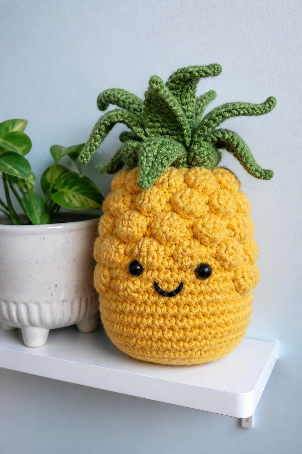 Crocheted yellow pineapple with green leaves, eyes, and smile on white shelf