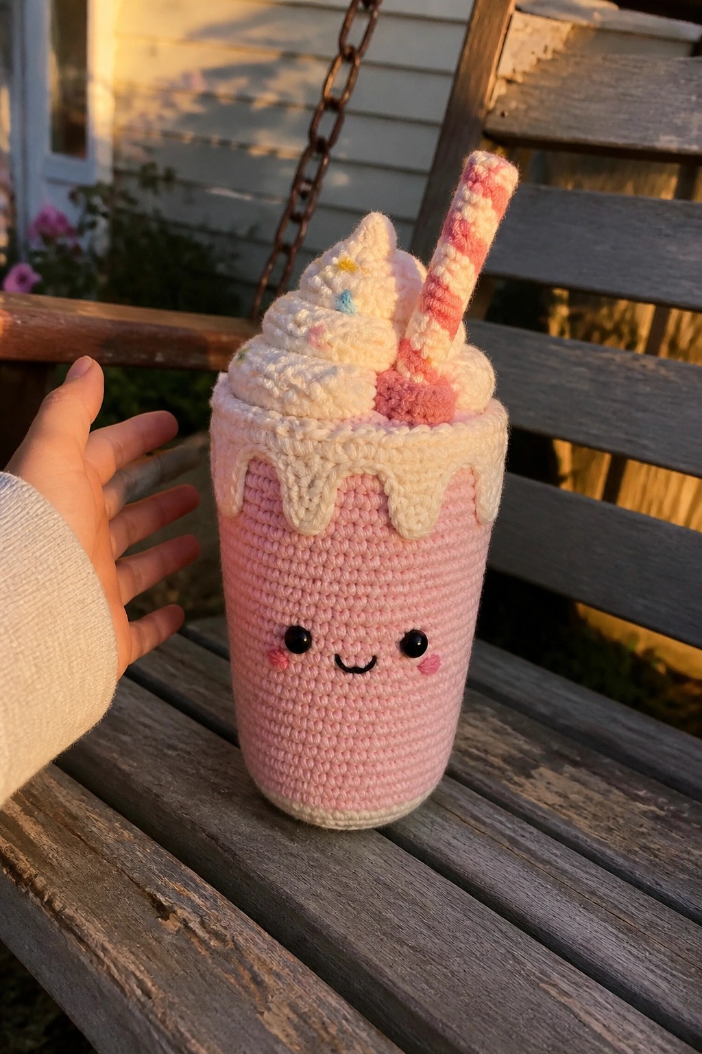 Crocheted pink milkshake with smiling face, whipped cream and striped straw on wooden bench near hand
