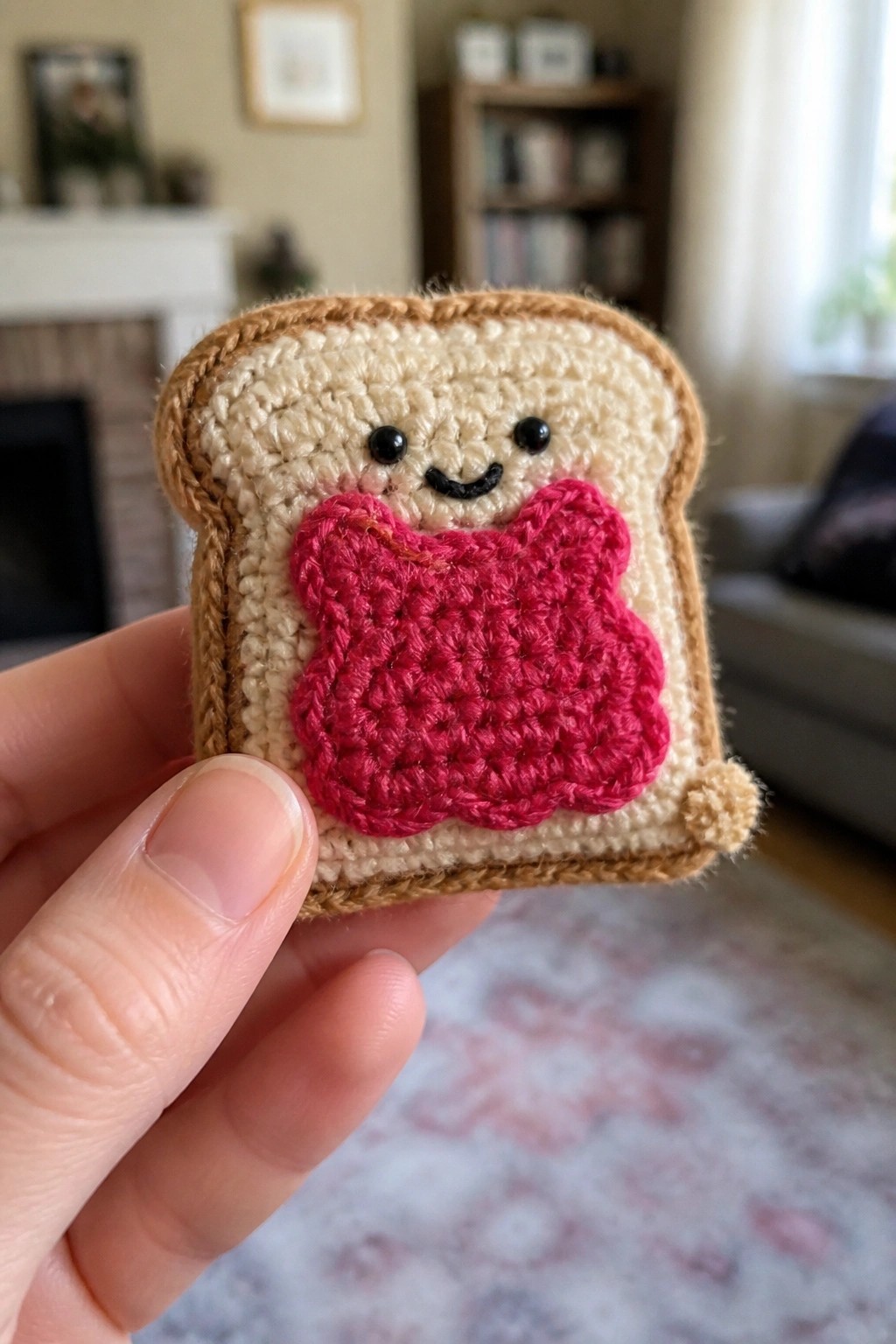Hand holding crocheted toast with smiling face, black eyes, and pink heart applique.