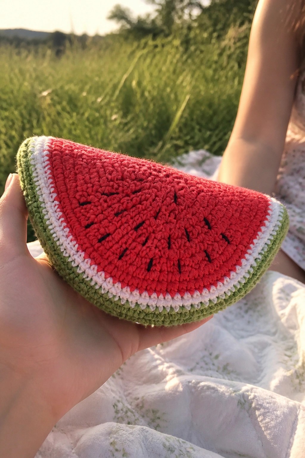 Hand holding crocheted watermelon pouch with red flesh and green rind in field
