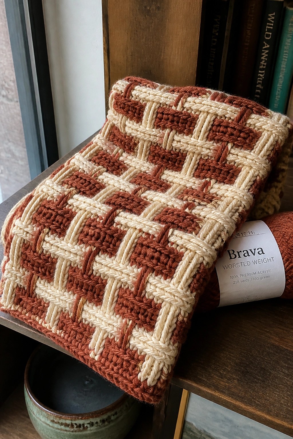Rust and cream crocheted basketweave blanket beside Brava yarn on wood table