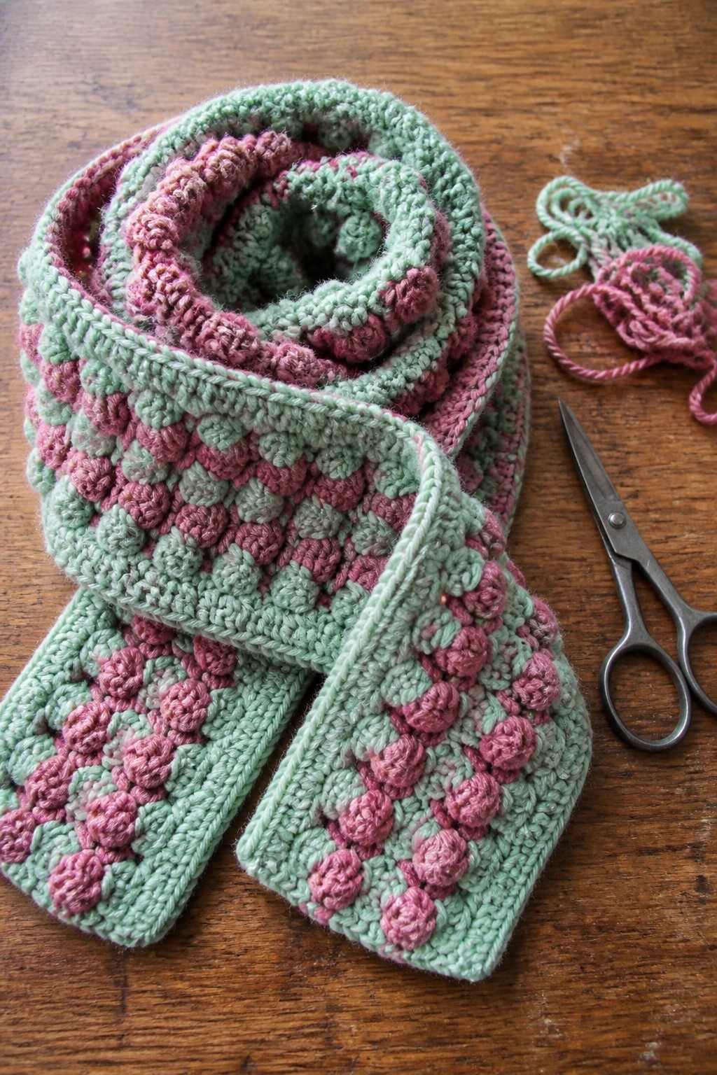 Green and pink bobble crochet scarf coiled beside scissors on wooden table.