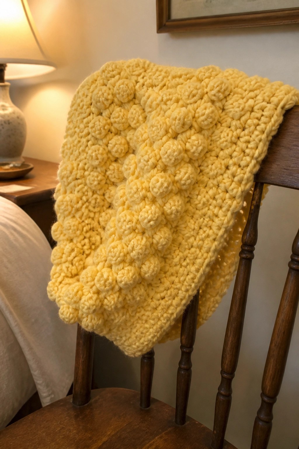Yellow crocheted bobble blanket draped over a wooden chair