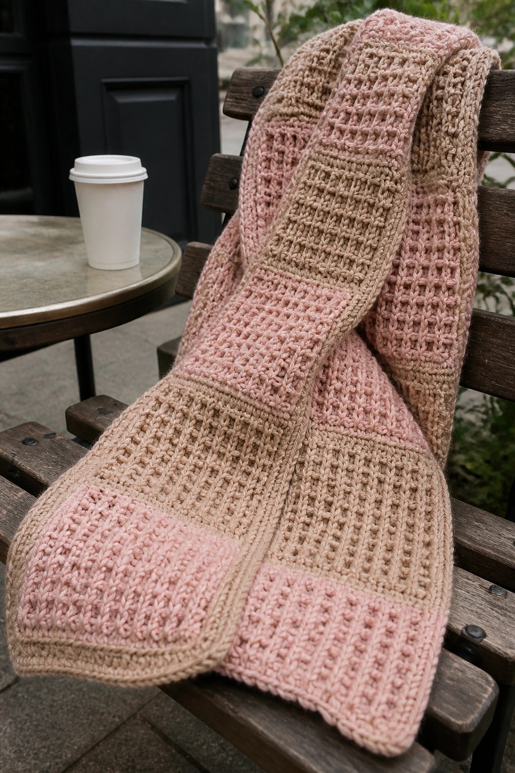 Pink and beige knitted scarf draped over wooden bench beside white coffee cup.